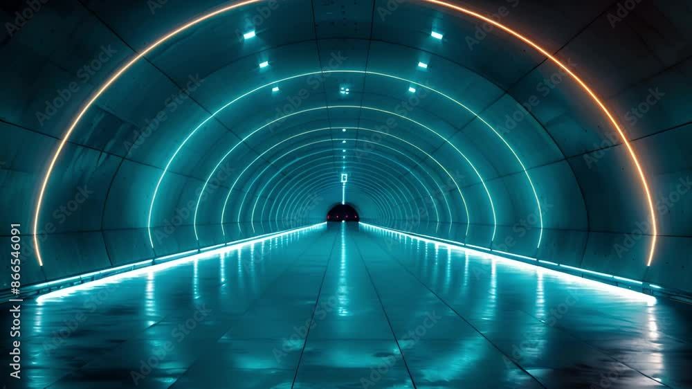 Poster a futuristic tunnel lit with vibrant blue and yellow neon lights. the tunnel is empty except for a c