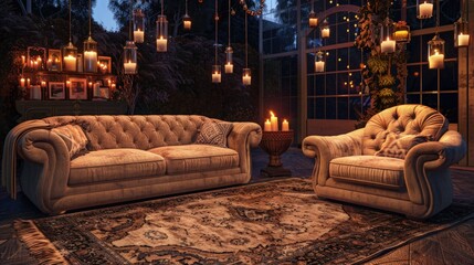 Obraz premium Luxurious Chesterfield sofa and single armchair sit within a dimly lit enclosed patio setting adorned with many hanging illuminated lanterns for atmospheric use.