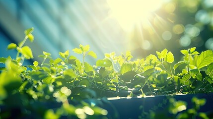 Obraz premium Sustainability and eco-friendly concept. Fresh Green Plants in Sunlight