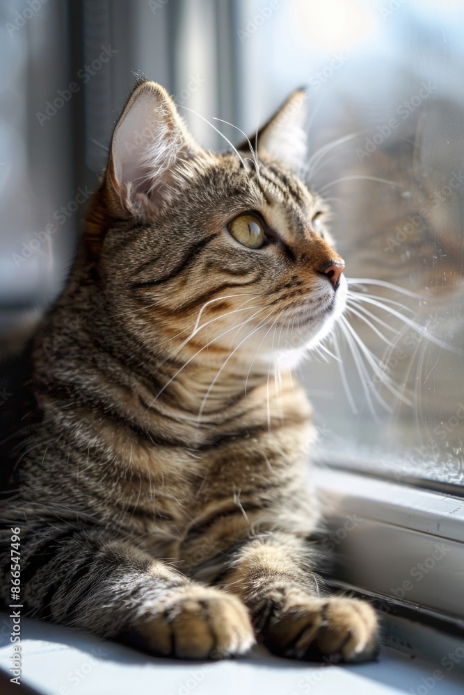 Poster a cat is looking out the window with its eyes wide open