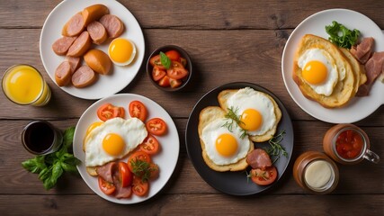 Different colorful meals for breakfast or lunch time on a plate. Fried eggs, omelette, bruschetta and sausage on a wooden table in restaurant. Flat lay top view.