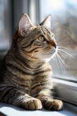 A cat is looking out the window with its eyes wide open