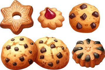 set with a variety of cookies, gingerbread in a watercolor style. Various sweets