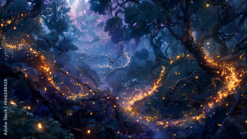 Poster a trail of glittering fireflies guides lost wanderers through a maze of tangled vines and twisted tr