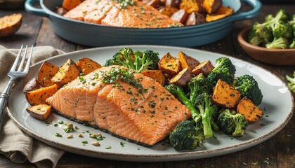 A plate of baked salmon with a side of roasted sweet potatoes and broccoli.