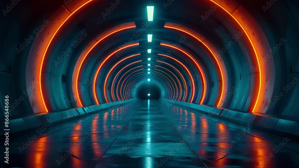 Aufkleber a long, cylindrical tunnel with a smooth, reflective floor illuminated by rows of orange and blue ne