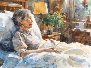 Elderly patient receiving care in a cozy watercolor nursing home, healthcare, geriatric care