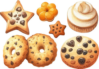 set with a variety of cookies, gingerbread in a watercolor style. Various sweets