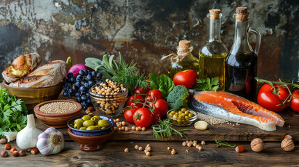 Healthy food concept. Diet food concept with fresh vegetables, fruits, fish, beef, etc. Healthy food ingredients. Healthy eating. Healthy nutrition. 