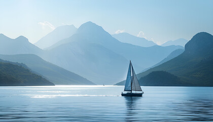 Naklejka premium Sailboat in the sea in the evening sunlight over beautiful big mountains background, luxury summer adventure