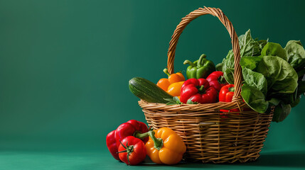 Vegetables and fruits background. Basket full of colorful vegetables and fruits with copy space for text. Assortment of fresh organic fruits and vegetables. Healthy food. Healthy nutrition