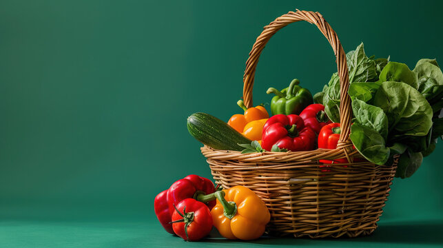 Vegetables and fruits background. Basket full of colorful vegetables and fruits with copy space for text. Assortment of fresh organic fruits and vegetables. Healthy food. Healthy nutrition
