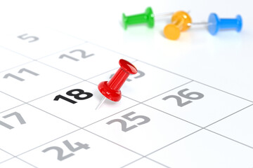 Calendar with Red Pushpin. Date Concept Using White Background and Simple Composition. 3d Rendering