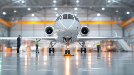 Technicians inspecting an aircraft in a hangar, aircraft maintenance, aviation safety