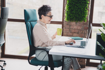 Photo of happy charming senior lady secretary wear formal shirt drinking tea working modern device...