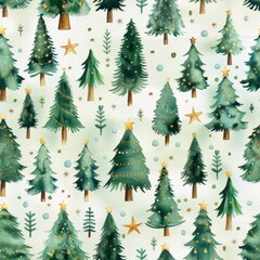 Obraz premium watercolor Rows of stylized Christmas trees in green with ornaments and stars, cheerful and classic, minimal pattern, high contrasty 