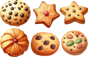 set with a variety of cookies, gingerbread in a watercolor style. Various sweets