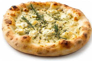 A pizza with cheese and herbs on top. Isolated on white background