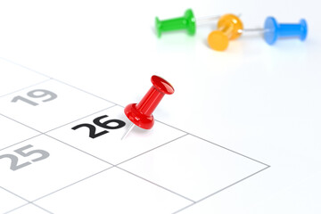 Calendar with Red Pushpin. Date Concept Using White Background and Simple Composition. 3d Rendering