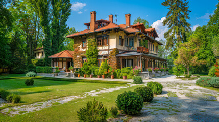 A large, historic manor house with beautiful gardens and a rich interior