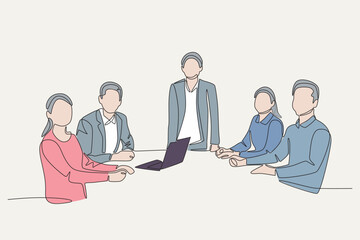 Colored board of directors meeting with five people. Board of directors concept one-line drawing