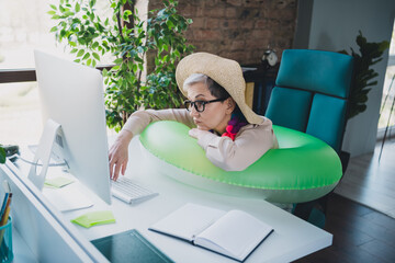 Photo of upset charming senior lady secretary wear formal shirt tired working modern device...