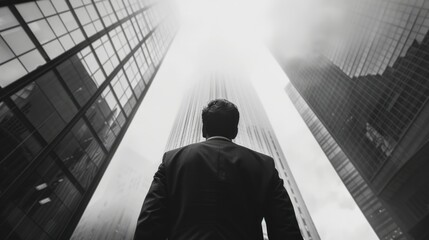 Fototapeta premium A man in a suit stands in front of a tall building