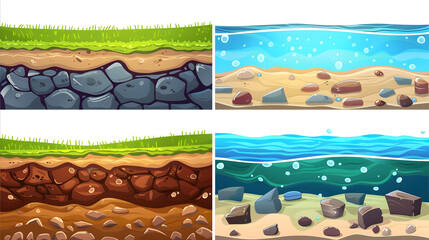 Naklejka premium Game UI platform cartoon background design. Texture of soil, green grass, sand, water in ocean