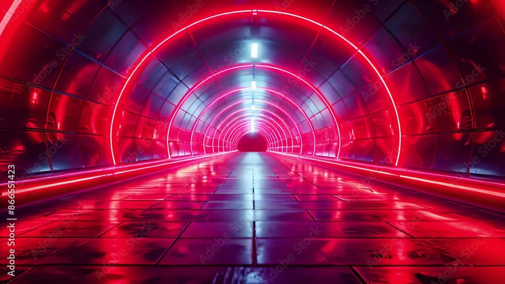 Aufkleber a long, empty tunnel with red and blue neon lights illuminating the path. the smooth, reflective flo