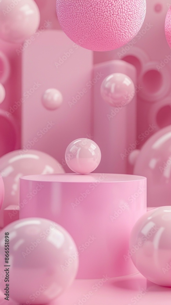 Poster a pink podium stands alone amidst a whimsical scene of floating spheres in various sizes, all render