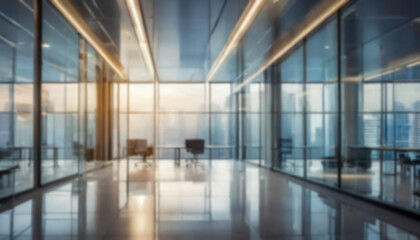 Blured background of modern, sleek office space with glass walls, reflecting the sunset as the backdrop. The office is bathed in natural light, offering a serene workspace.
