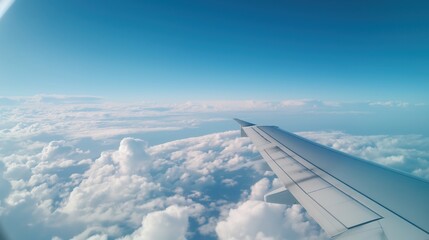 Airplane wing with a view of the clouds, in-flight experience, travel perspective