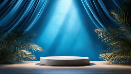 Obraz premium Blue background for product presentation with podium to showcase product illuminated by multiple beams of light, creating a dramatic spotlight effect in a darkened space, evoking a sense of expectatio
