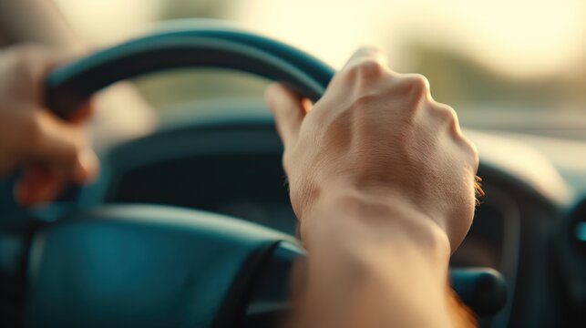 Close-up of hands at 10 and 2 on the steering wheel, proper hand placement, driving techniques