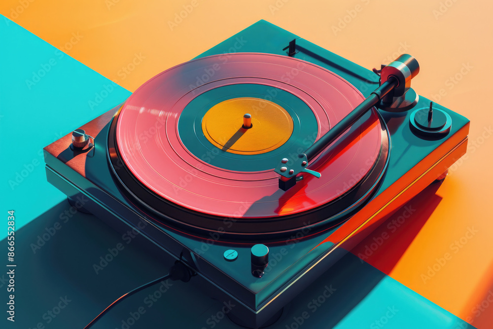 Poster a record player with a red and yellow record on it