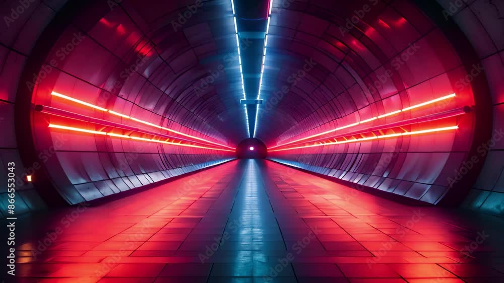 Fototapete a long, narrow tunnel illuminated by rows of red and blue neon lights. the lights cast a vibrant glo