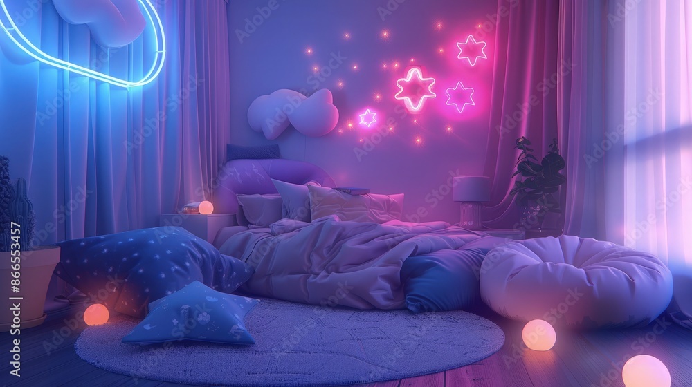 Poster a magical bedroom setup where gentle neon lights complement a soft color palette, creating a cozy an