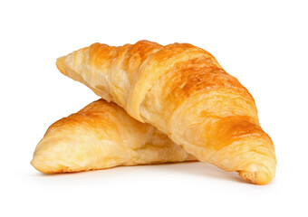 Side view of two delicious brown croissants in stack isolated on white background with clipping path