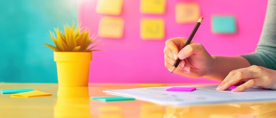 Studying and Planning, Hand writing with colorful notes and plant, Creative workspace