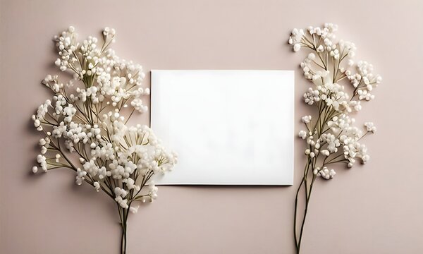 white paper card wedding invitation mockup with gypsophila flower branches on silk background