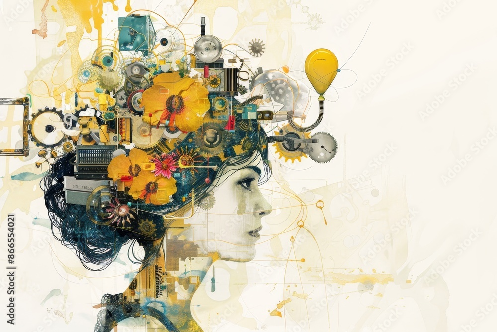 Poster i created an stock collage of a serious lady carrying multiple tasks in her mind while focusing on m