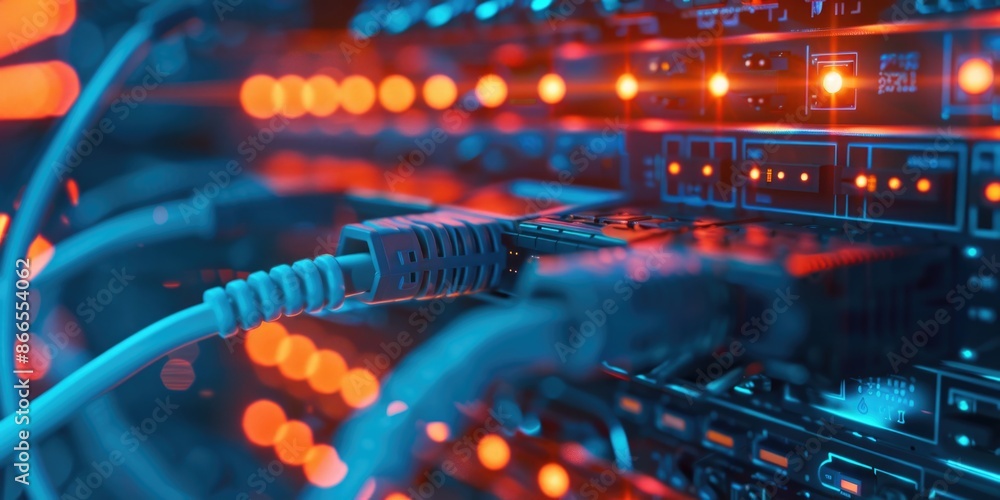 Poster a computer network with many cables and wires