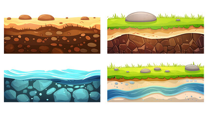 Game UI platform cartoon background design. Texture of soil, green grass, sand, water in ocean
