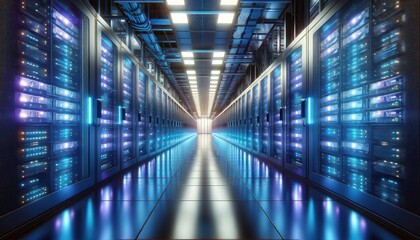 Obraz premium modern data center aisle with an enhanced futuristic aesthetic.