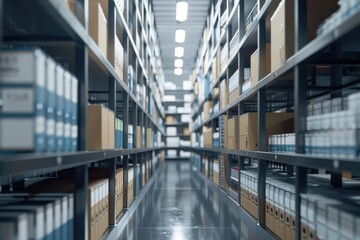 Close-up look at document archives in a modern office setting with realistic style and bright technology, featuring a room dedicated to archiving documents