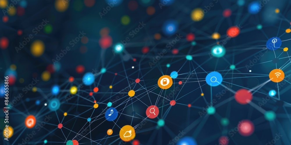 Poster a colorful network of dots with a blue background