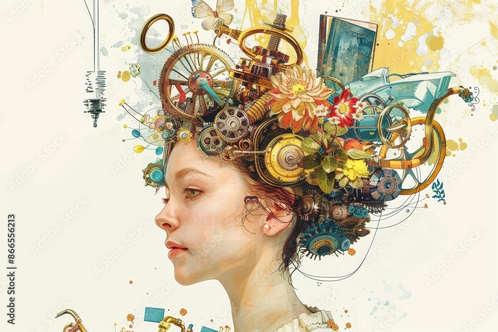 Poster the image is composed of an ai collage of a woman who is focused on many different tasks and is thin
