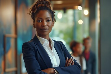 Confident teacher in suit stands before students, arms crossed, exuding authority and leadership.