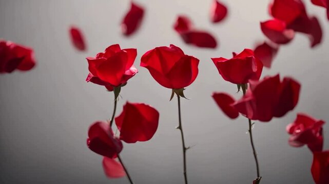 Red rose petals gently cascading against a captivating black backdrop. Ideal for Valentine's Day.