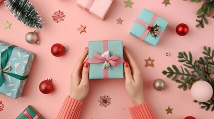 Holiday greeting card template holiday x-mas congratulation card with hands holding decoration prepare gifts